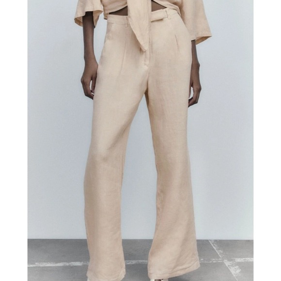 Zara Pants - NWT Zara Size Large High Waisted Pleated Wide Leg 100% Linen Pants Sand 8292/500